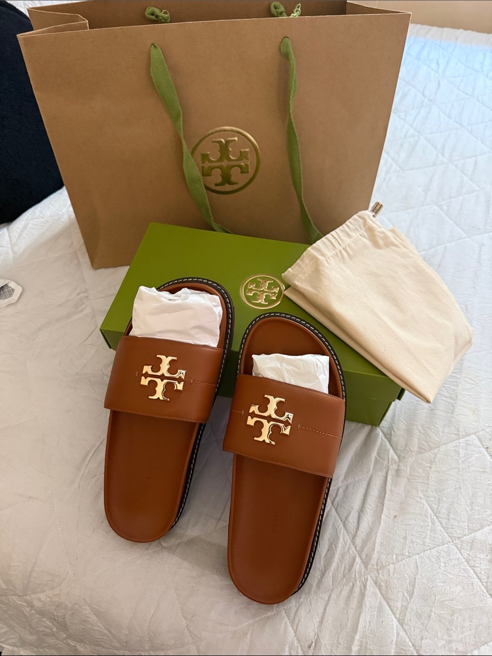 Tory Burch Brown Leather Slide Sandals with Gold Logo